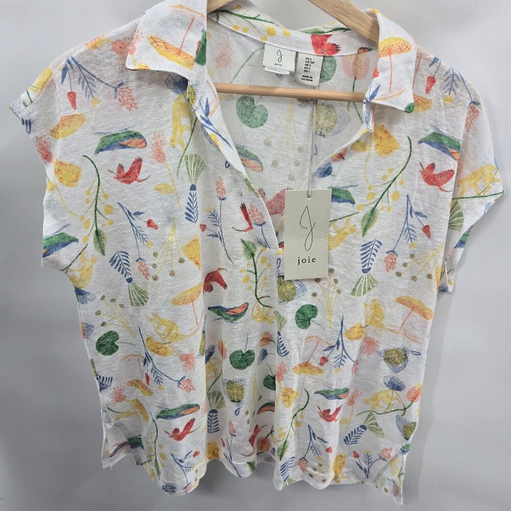 Joie White 100% Linen Tropical Print Monkey Pullover Cap Sleeve Top Small - Picture 1 of 10
